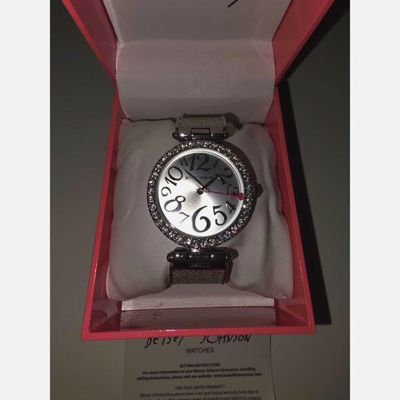 NWT Betsey Johnson Women's Watch Silver-Tone Crystal Bezel Pink Dial Gift Glam - Picture 2 of 6